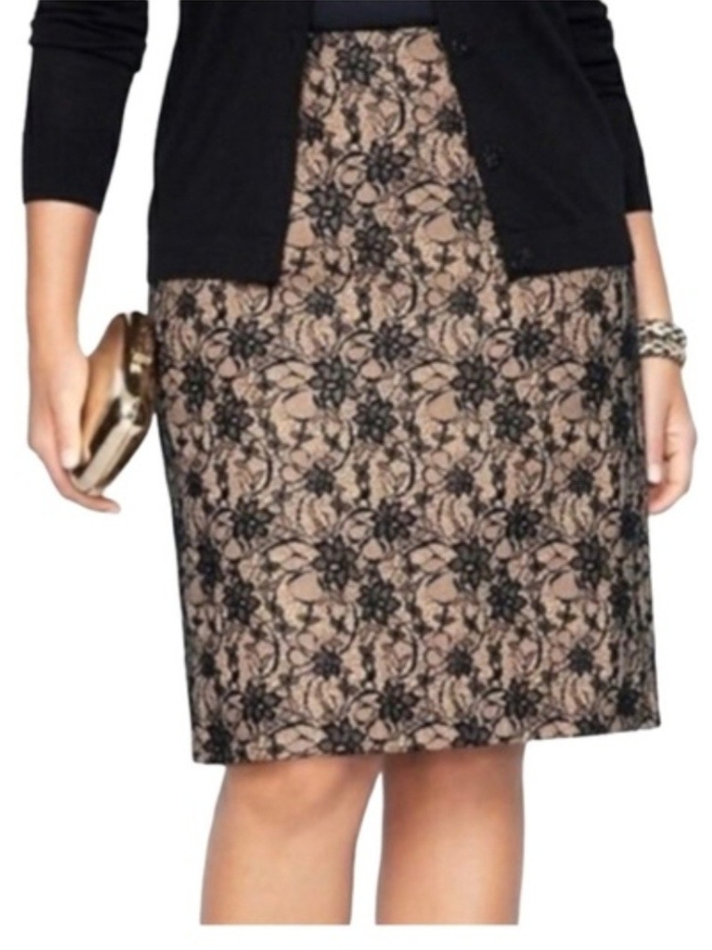 Talbots Black Lace Overlay Pencil Skirt with Nude Lining Size 6P